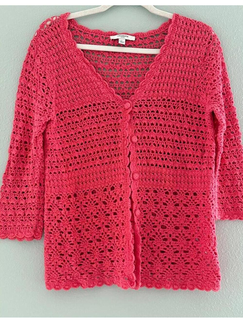 Y2K Liz Claiborne Pink Crochet Sweater – Soft Girl Vintage Perfection; Large